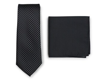 Black Tie Set | Black Skinny Tie and Pocket Square | Microdot Mens Tie in Black and Silver with Matching Pin Dot Pocket Square