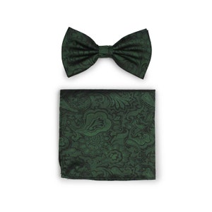 Forest Green Paisley Bow Tie Set | Mens Bow Ties in Forest Green and Black | Wedding Paisley Necktie and Hanky in Dark Forest Green
