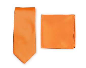 Orange Tie Set | Bright Tangerine Orange Tie and Pocket Square | Solid Color Mens Necktie and Matching Pocket Square in Orange