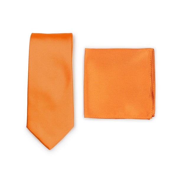 Orange Tie Set | Bright Tangerine Orange Tie and Pocket Square | Solid Color Mens Necktie and Matching Pocket Square in Orange