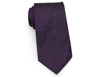 Extra Long Tie in Plum Purple | Men's XL Tie in Plum Purple with Elegant Paisley Design | Black and Purple Paisley Wedding Tie for Groom