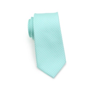 Aqua Blue Skinny Tie | Pin Dot Tie in Slim Cut Width in Aqua Blue | Elegant Wedding Tie in Modern Slim Cut in Seamist Aqua Blue