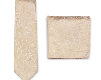 Champagne Paisley Tie Set | Mens Wedding Tie Set in Champagne Cream Paisley Design