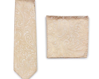 Champagne Paisley Tie Set | Mens Wedding Tie Set in Champagne Cream Paisley Design