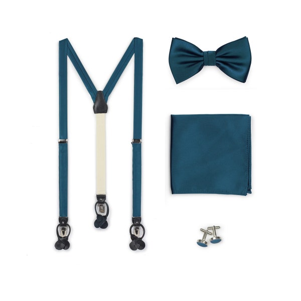 Teal Suspender + Bow Tie Set | Peacock Color Mens Suspender, Bow Tie, Pocket Square | Wedding Suspender and Tie Set in Oasis Teal Blue