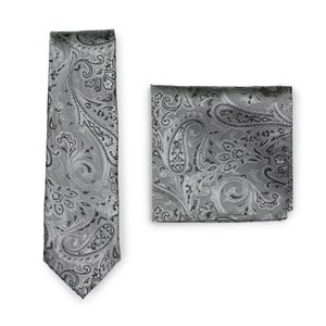 Mercury Silver Tie Set | Mens Silver Gray Paisley Tie + Suit Pocket Square Set