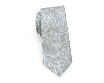 Silver Kids Tie | Silver Paisley Tie Kids | Boys Sized Neckties in Silver with Elegant Paisley Print - Kids Tie (fits ages 5-11)