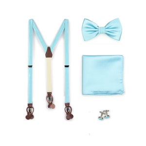Pool Blue Suspender + Bow Tie Set | Set of Matching Dress Suspenders, Bow Ties, Pocket Square, and Cufflinks | Pool and Aqua Suspender Set
