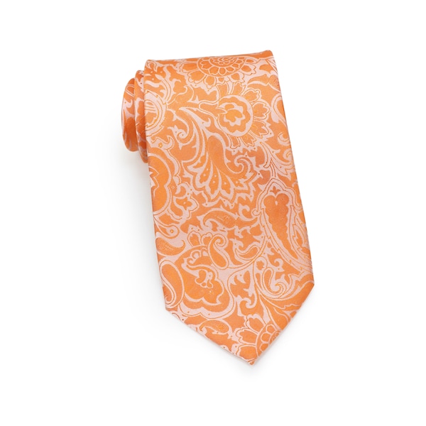 Extra Long Tangerine Orange | XXL Orange Mens Tie with Paisley Design | Big and Tall Mens Tie in Bright Mandarin Orange - XL Length