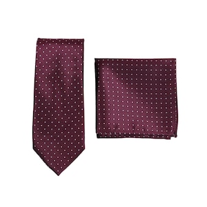 Polka Dot Burgundy Necktie Set | Formal Tie + Pocket Square Set in Red and Silver Polka Dots