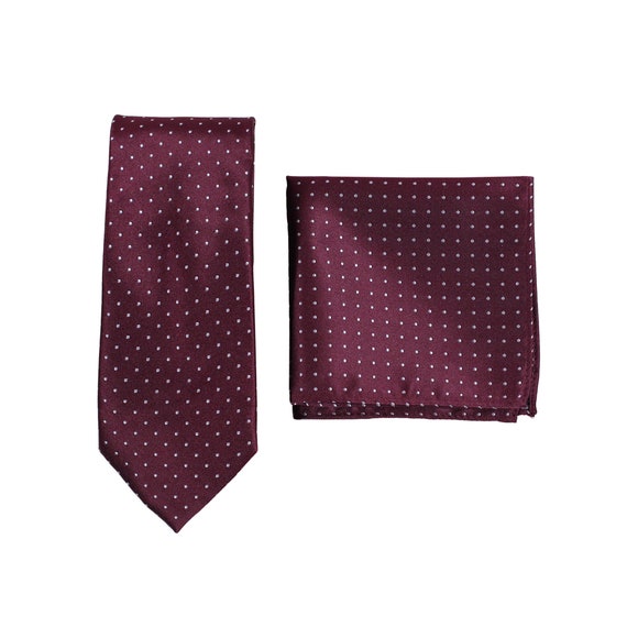 Dotted Wine Neck Tie Gift Set Pocket Square Cuff Links Tie Pin Polka Dot Satin