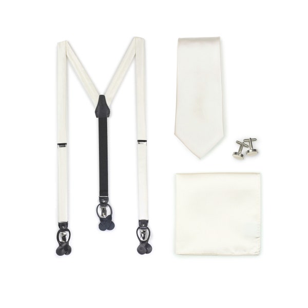 Cream Suspender Tie Set | Wedding Suspender Tie and Hanky Set in Elegant Champagne Cream | Satin Fabric Suspender in Ivory Cream