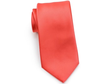 Neon Coral Tie in XL | Extra Long Tie in Neon Coral | Formal Coral Colore Men's Tie in Extra Long Length | Big and Tall Men's Tie in Coral