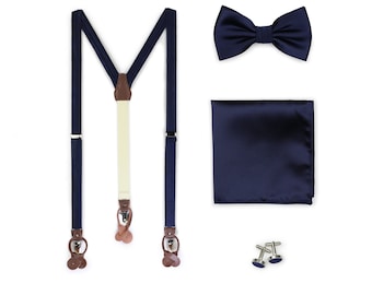 Navy Suspender Bow Tie Set | Wedding Suspender and Bow Tie Set for Groom and Groomsmen in Classic Navy Blue (adjustable length)