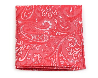 May include: A red paisley pocket square with a white paisley pattern.