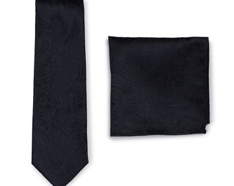 Formal Black Tie Set | Mens Paisley Tie + Pocket Square in Solid Black