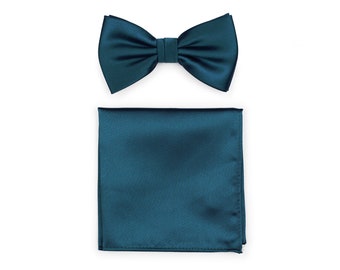 Peacock Bow Tie Set | Men's Bow Ties and Pocket Square Sets in Dark Teal Blue | Matching Bow Tie Set in Dark Teal for Weddings