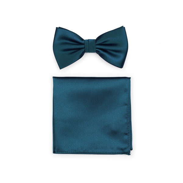 Peacock Bow Tie Set | Men's Bow Ties and Pocket Square Sets in Dark Teal Blue | Matching Bow Tie Set in Dark Teal for Weddings
