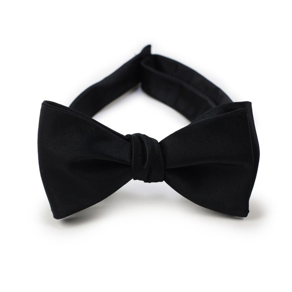 Self Tied Black Bow Tie | Formal Black Tie Bowtie in Satin Finish | Solid Colored Freestyle Bow Tie in Black (self-tie, ships in gift box)