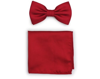 Bow Tie Set in Cherry Red  | Solid Colored Bow Tie and Hanky Set in Red | Matte Finish Mens Bow Ties in Cherry Red in pre-tied style