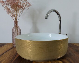 Keramik Aufsatz Waschbecken rund gold gebürstete Oberfläche 36cm Design Keramikwaschbecken