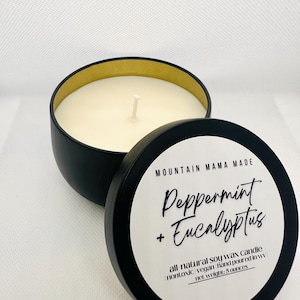 Peppermint Eucalyptus Candle Tin: Hand Poured Soy Wax, Herbal Scent