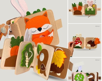 Quiet busy book FOX with handmade sensory pages, montessori baby activity book