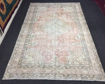 V,  Anatolian Vintage Reg, 6.6 x 10.4 ft. Turkish handknotted Oushak rug.   Pastel colors rug.