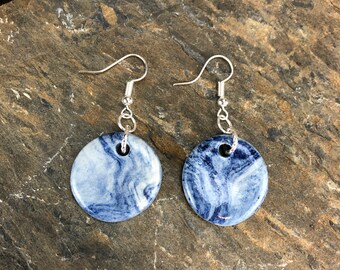 Porcelain Earrings - Blue & White Marbled (Agateware)- 24mm, Nickel-free, Silver Plated Steel Fish-hook