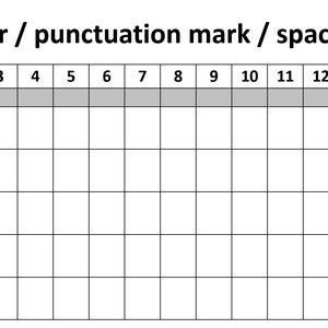 May include: A black and white grid with 15 columns and 5 rows labeled L1 through L5. The top row is labeled with numbers 1 through 15. The grid is for writing one letter, punctuation mark, or space per box.