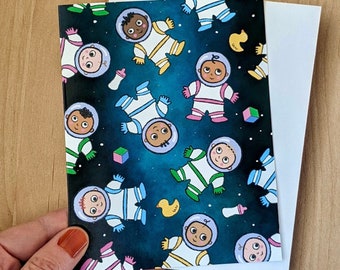 Babies in Space! - greeting card - blank inside - baby shower - adoption - pregnancy - new arrival - baptism - multiracial  - astronaut