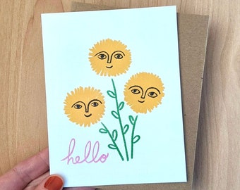 Hello - Friendly Flowers - greeting card - blank inside - yellow - friends - everyday - happy - thinking of you