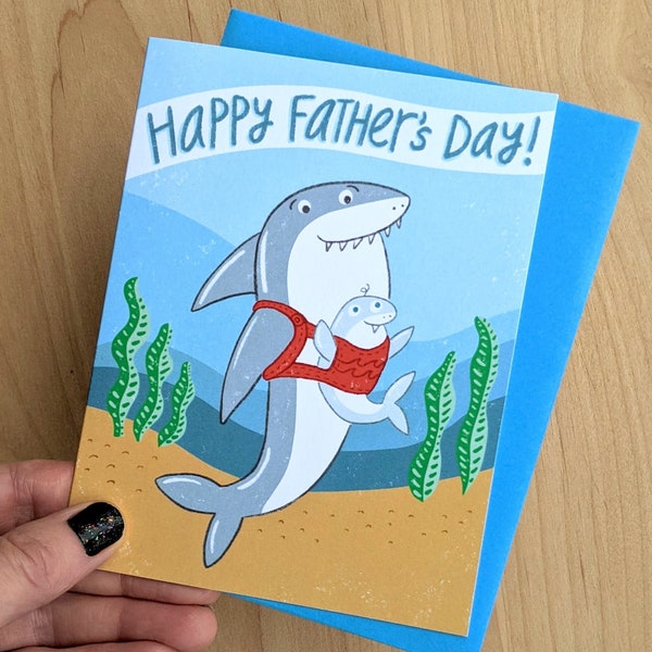 Father's Day Sharks - greeting card | cute | funny | new dad | baby shark | baby carrier | underwater | sea life