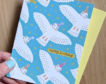 Owl Party - flying owls - birthday card - blank inside - nature - birder