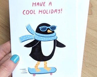 Cool Penguin Holiday Greeting Card - blank inside - skateboard - winter - Christmas - Hanukkah - xmas