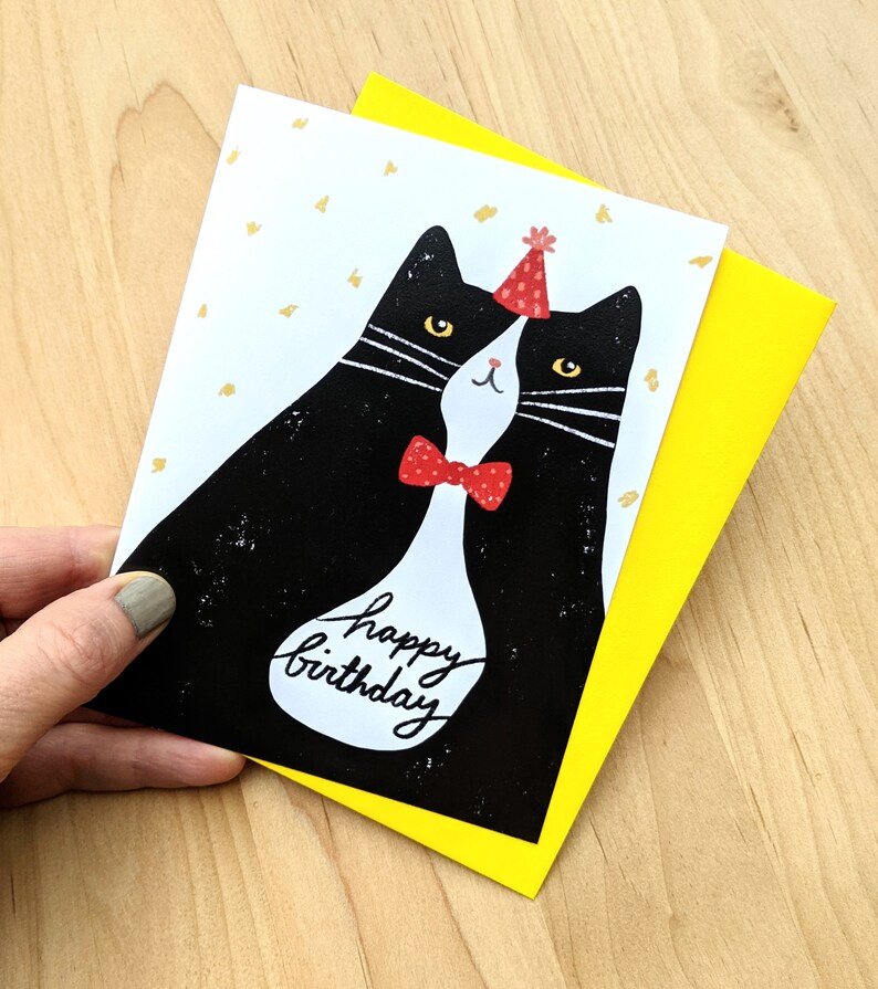 Fancy Birthday Cat greeting card blank inside tuxedo cat happy birthday black and white bowtie bow tie party hat image 1