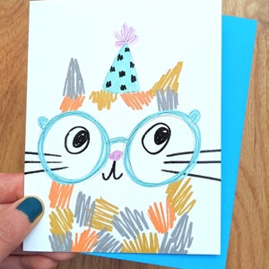 Cat with Glasses Birthday Card - blank inside - cat lover - party hat - kitten - calico - bday - b-day