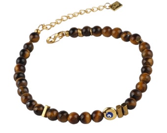 Cavigliera da uomo realizzata con pietre preziose Occhio di tigre, ematite ed elemento in acciaio inossidabile/Regalo per fidanzato/Cavigliera da uomo/Gioielli fatti a mano/Cavigliere