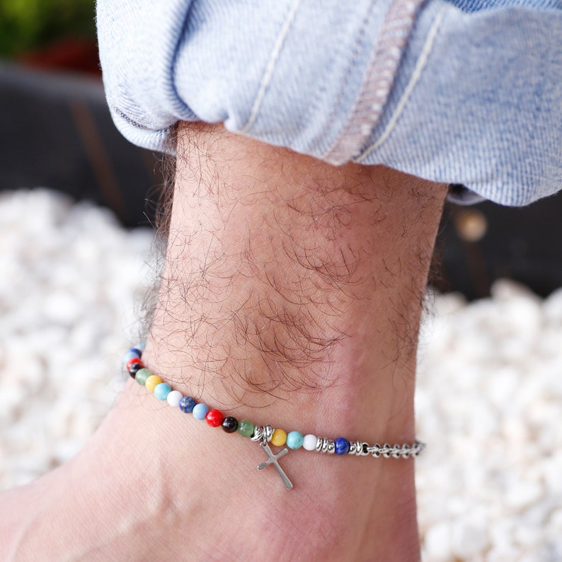 Anklet For Men Made of Gemstones, Stainless Steel Chain and Stainless Steel Element/Unique Gift for Men/Handmade Jewellery/Mens Body Jewelry image 1