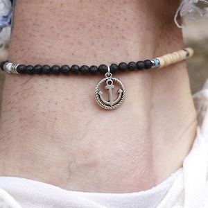 Fußkettchen Armband für Männer aus Edelsteinen Lava,Türkis Paste,Holzperlen und versilberte Elemente/Einzigartige Geschenke für Männer/Handgefertigter Schmuck