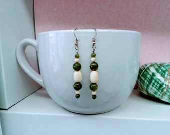 Green turquoise, white mastadon ivory dangle EARRINGS w/argentium earwires