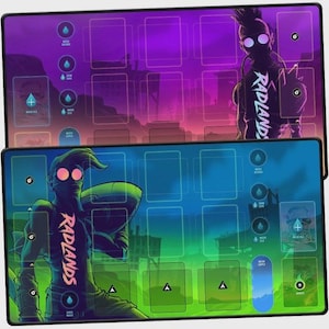 Puede incluir: Dos tapetes de juego rectangulares para Radlands, uno en morado y otro en azul y verde. Cada tapete presenta un personaje estilizado, el texto RADLANDS y una cuadrícula para colocar cartas con iconos circulares de agua y otros recursos.