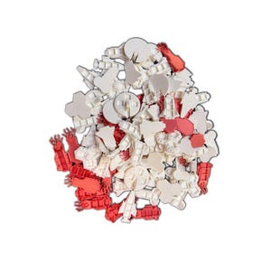 May include: A pile of white and red plastic game pieces. The pieces are in various shapes and sizes.