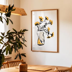 Florale druckbare Wandkunst - Gelbe und schwarze Blumen eingefärbt, Strichzeichnung - zeitgenössische, illustrierte Wandkunst Poster