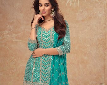 Kurti & Palazo Set, Indian Clothing, Ethnic Wear from India, Wedding Guest Wear, Heavily Embroidered, Sangeet Outfit, Indo Western Style