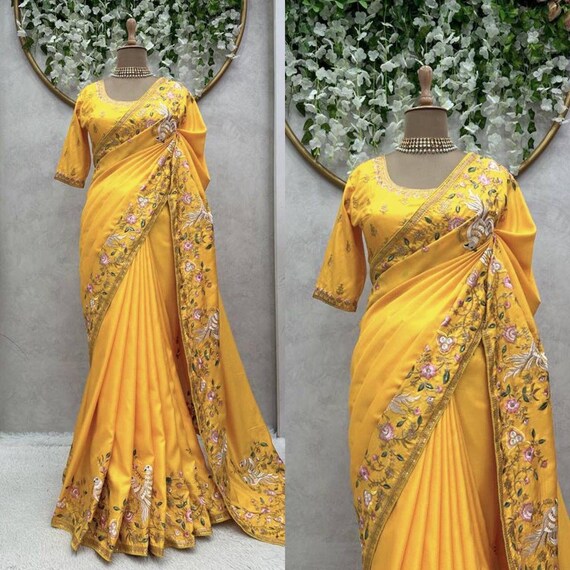 Soft Dola Silk Saree, Indian Ethnic Wear, Wedding Guest Wear, Bridal Collection, Gift for Her, Haldi Outfit, Yellow Sari, Bridal Collection Soft Dola Silk Saree, Indian Ethnic Wear, Wedding Guest Wear, Bridal Collection, Gift for Her, Haldi Outfit, Yellow Sari, Bridal Collection