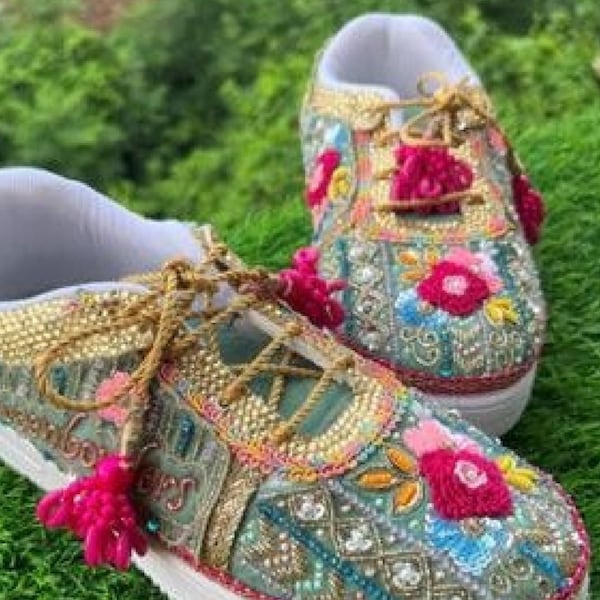 PERSONALIZED Heavily Embroidered Low Top / Platform Trainers Creative Indian Royal BRIDAL SNEAKERS For Dance Lace Work Shoes Gift For Her