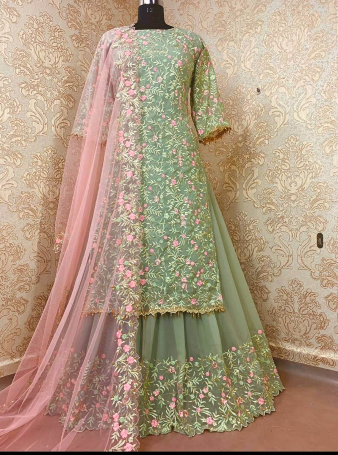 Indian lacha suit semi stitched dress embroidered set party Etsy