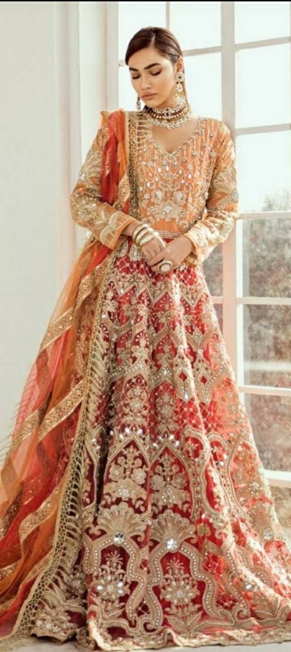 Beautiful bridal open maxi in red color with dull golden and antique golden  work Model# W 1194 | Bridal dress design, Pakistani bridal dresses, Bridal  dress fashion