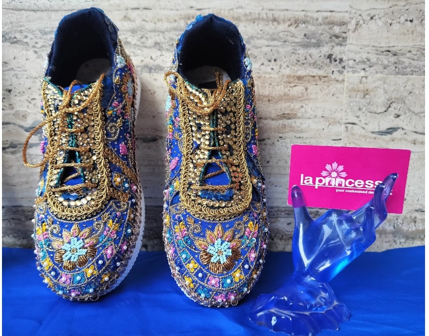 Blue and cheap gold athletic shoes